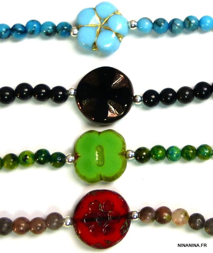 N5130b Bracelet perles de bohême vertes argent massif