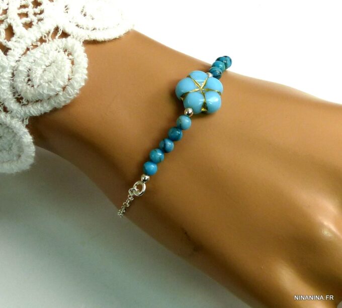 N5130BIS Bracelet perles de bohème turquoise argent massif