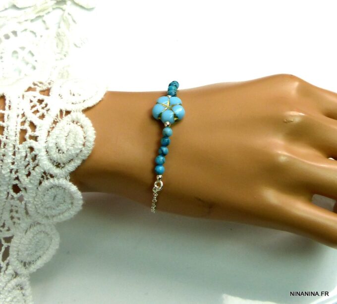 N5130c Bracelet perles de bohème turquoise argent massif