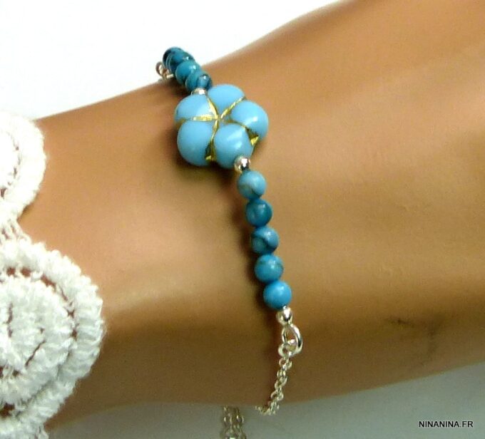 N5130d Bracelet perles de bohème turquoise argent massif
