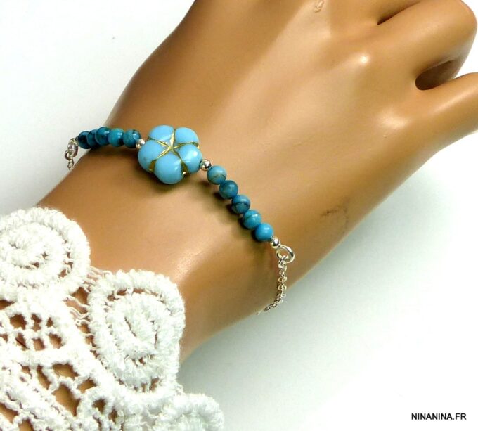 N5130e Bracelet perles de bohème turquoise argent massif