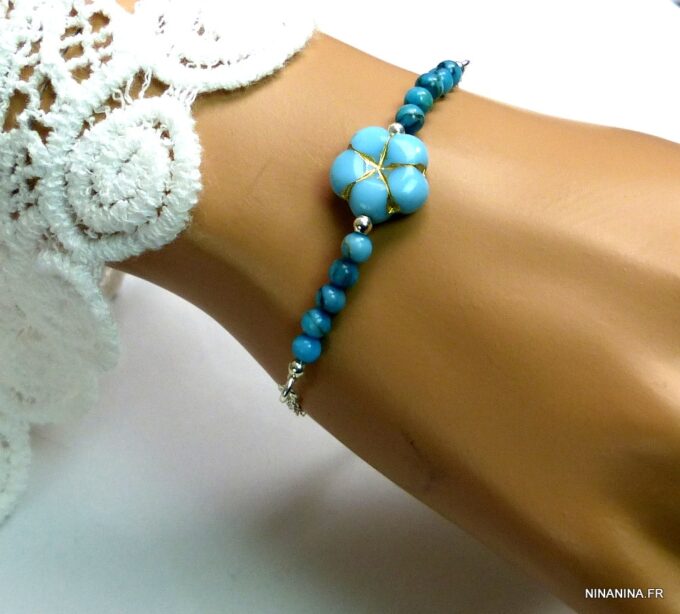 N5130f Bracelet perles de bohème turquoise argent massif