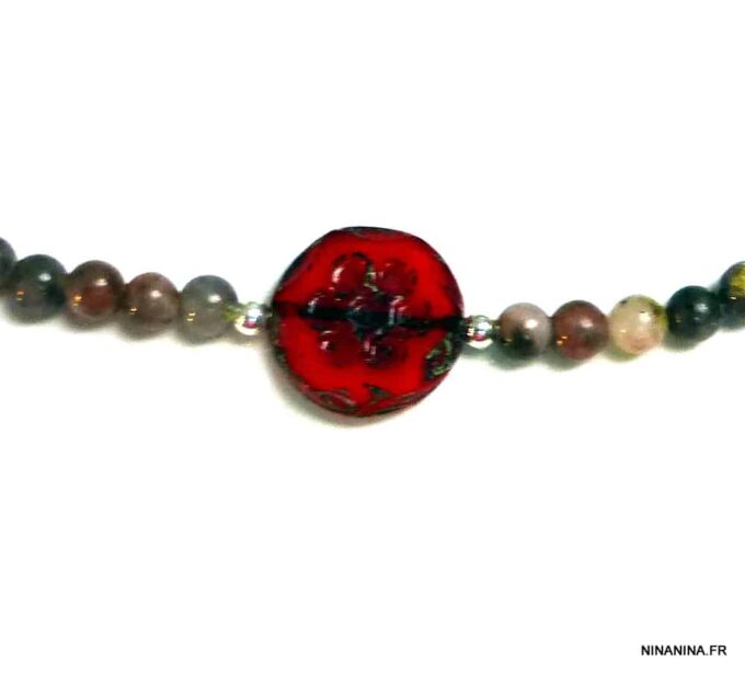 N5133 Bracelet perles de bohême rouges argent massif