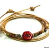N5133a Bracelet cordon cuir perles de bohème rouge argent massif