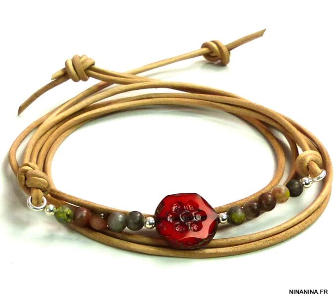 N5133a Bracelet cordon cuir perles de bohème rouge argent massif