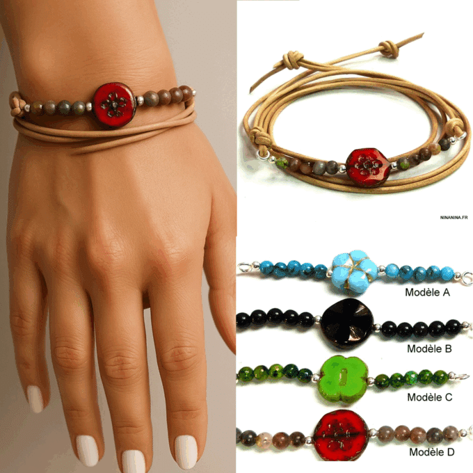 N5133a Bracelet Rouge Perles Cristal de bohème Motif Fleur cordon cuir naturel Multi Tours - Bijoux Bracelets boheme chic en ligne Ninanina