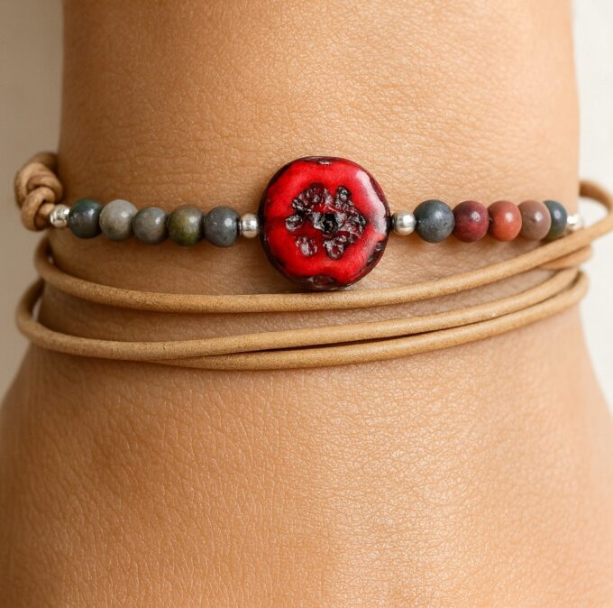 N5133c Bracelet Rouge Perles Cristal de bohème Motif Fleur cordon cuir naturel Multi Tours - Bijoux Bracelets boheme chic en ligne Ninanina