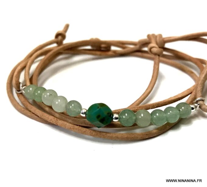 N5140 Bracelet de cheville cuir pierre verte et Cristal de bohème - Bijoux Bracelets en ligne Ninanina