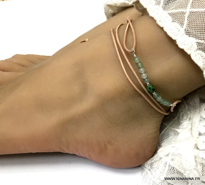 N5140b Bracelet de cheville cuir pierre verte et Cristal de bohème - Bijoux Bracelets en ligne Ninanina