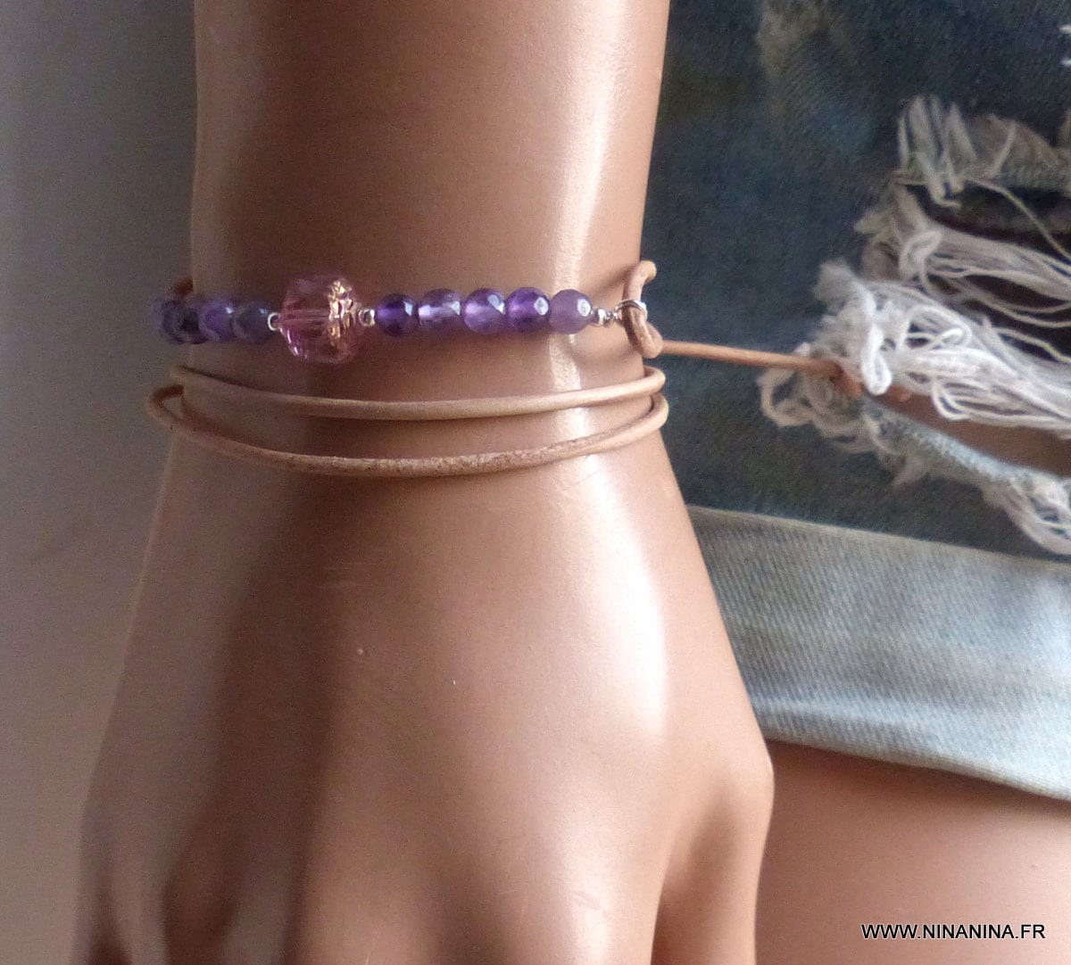 Bracelet femme en pierre naturelle d'améthyste et cuir