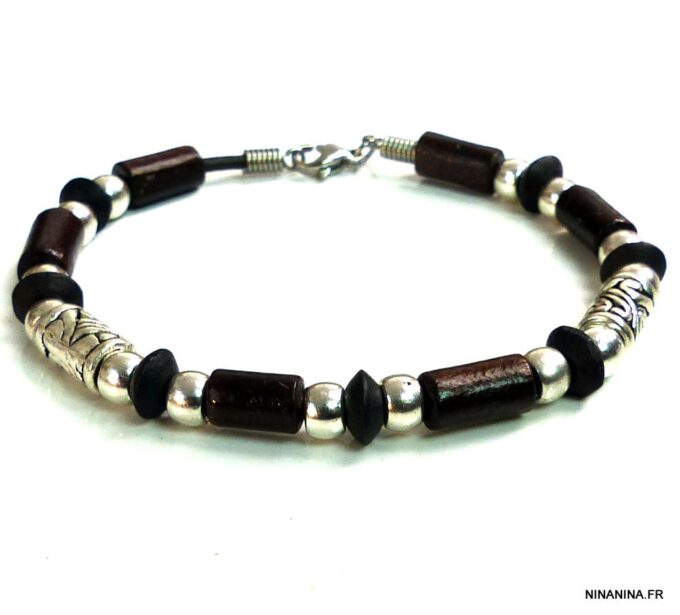 N5151 bracelet homme perles en bois marron et argent