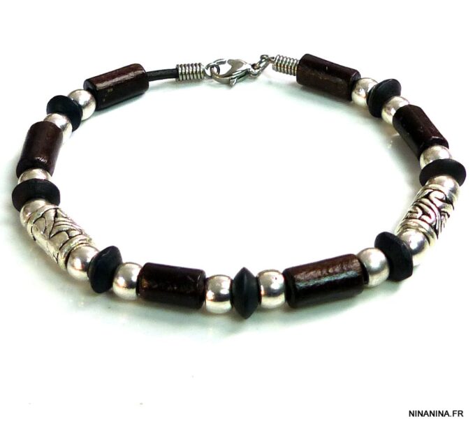 N5151a bracelet homme perles en bois marron et argent