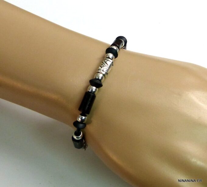 N5151b bracelet homme perles en bois marron et argent