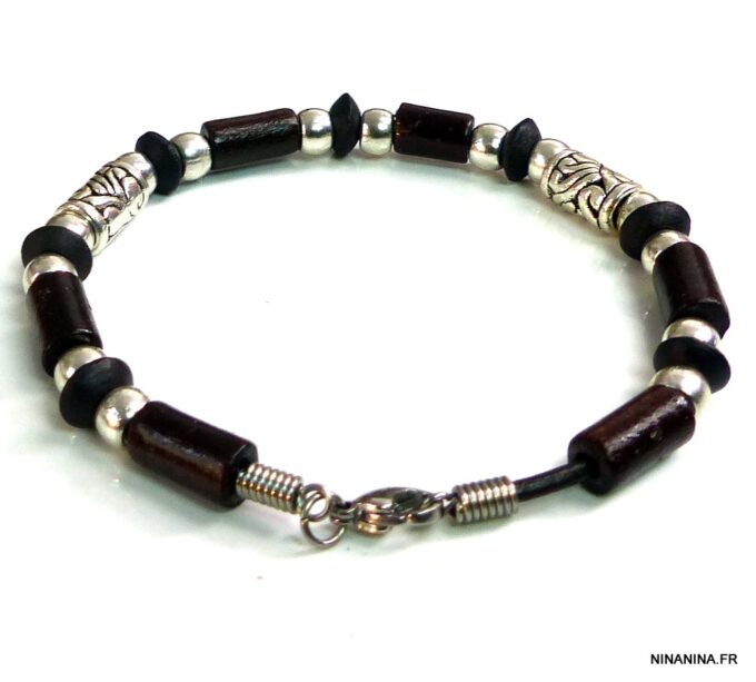 N5151d bracelet homme perles en bois marron et argent