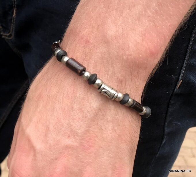 N5151w Bracelet homme perles bois marron et argentées cordon cuir - Bijoux Bracelets en ligne Ninanina