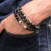 N5151x Bracelet homme perles bois marron et argentées cordon cuir - Bijoux Bracelets en ligne Ninanina