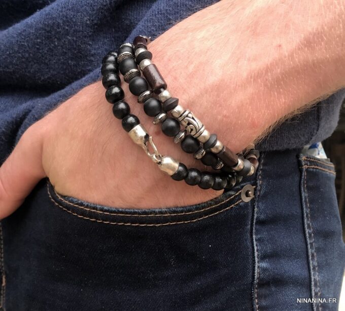 N5151x Bracelet homme perles bois marron et argentées cordon cuir - Bijoux Bracelets en ligne Ninanina