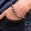 N5151y Bracelet homme perles bois marron et argentées cordon cuir - Bijoux Bracelets en ligne Ninanina