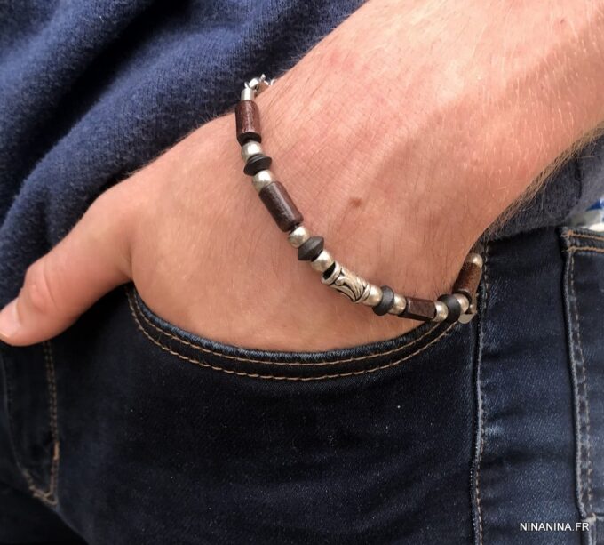 N5151y Bracelet homme perles bois marron et argentées cordon cuir - Bijoux Bracelets en ligne Ninanina