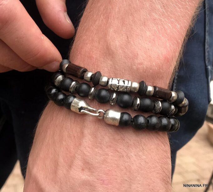 N5151z Bracelet homme perles bois marron et argentées cordon cuir - Bijoux Bracelets en ligne Ninanina