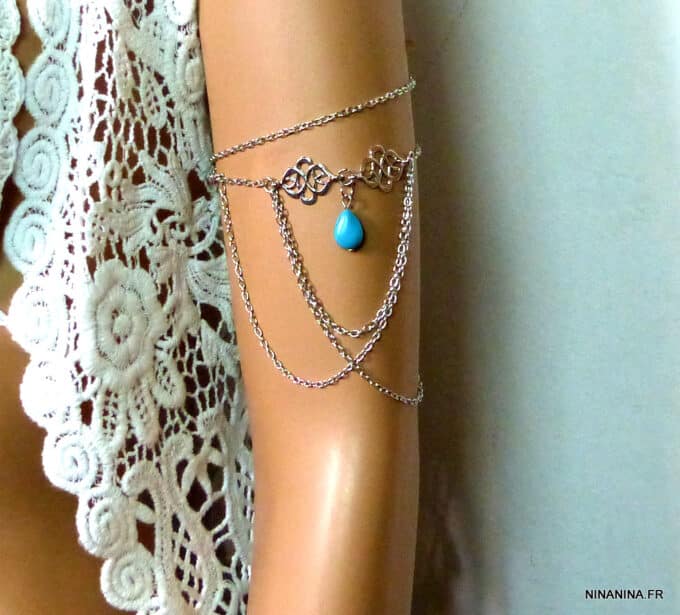 N5164b Bracelet de bras métal argenté TURQUOISE