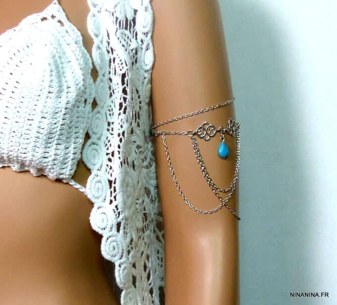 N5164d Bracelet de bras métal argenté TURQUOISE