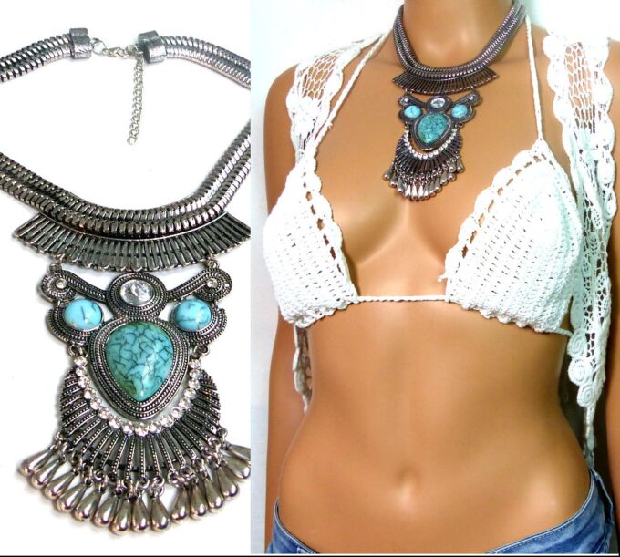 N5166 Collier plastron pampilles métal argenté TURQUOISE