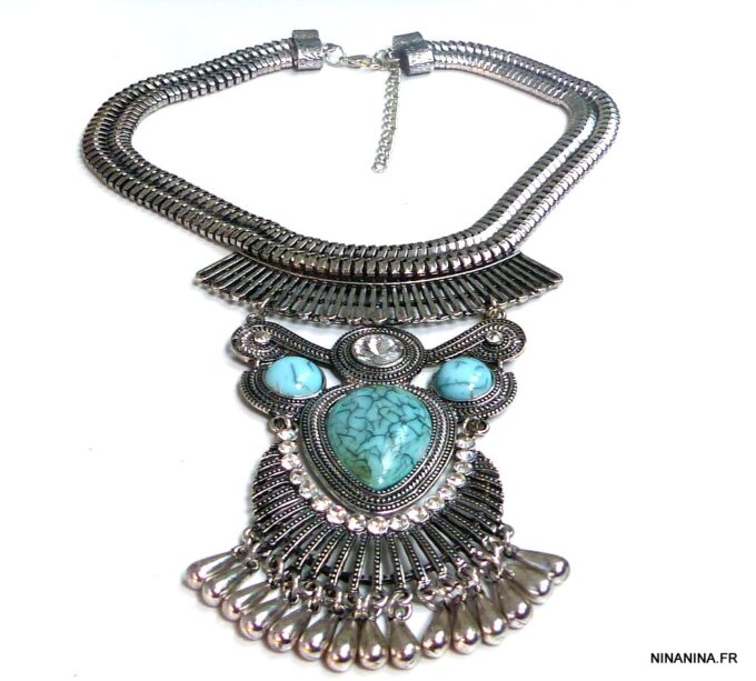 N5166a Collier plastron pampilles métal argenté TURQUOISE