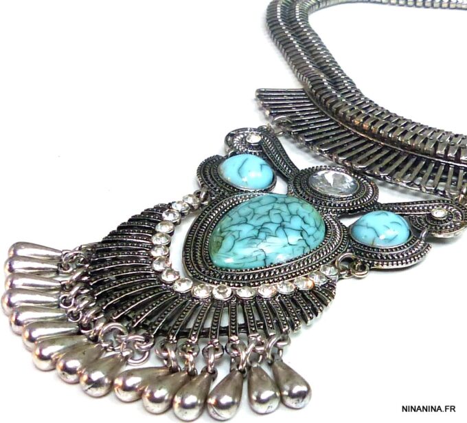 N5166b Collier plastron pampilles métal argenté TURQUOISE