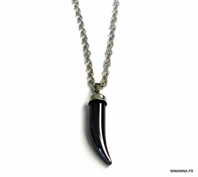 N5171c Collier dent de tigre hématite acier inoxydable