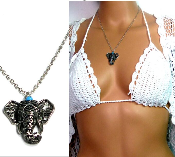 N5177 Collier bohème éléphant en métal argenté turquoise