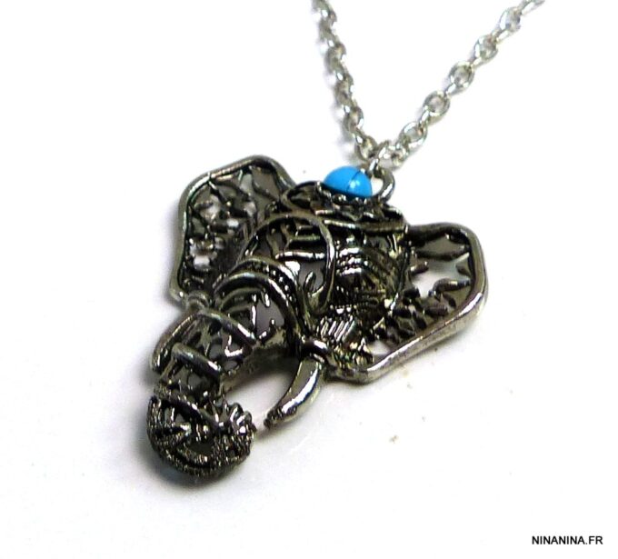 N5177a Collier bohème éléphant en métal argenté turquoise
