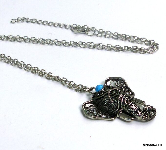N5177c Collier bohème éléphant en métal argenté turquoise