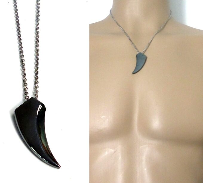 N5178b Collier dent de requin hématite acier inoxydable