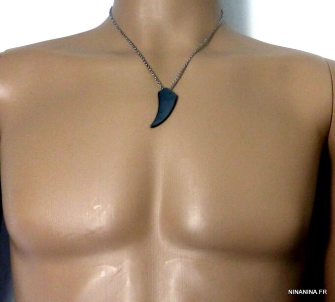 N5178c Collier dent de requin hématite acier inoxydable
