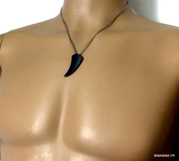 N5178d Collier dent de requin hématite acier inoxydable