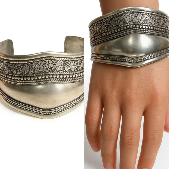 N5197a Bracelet tibétain femme artisanal en laiton argenté ajustable avec motif double - Bijoux Bracelets tibétaine sen ligne Ninanina