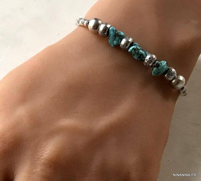 N5199 Bracelet turquoise veritable homme et femme métal argent- Bijoux Bracelets en ligne Ninanina
