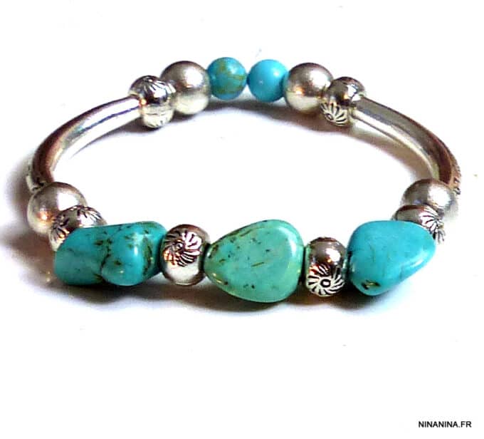 N5199 Bracelet turquoises véritables métal argenté