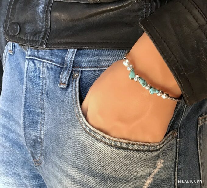 N5199a Bracelet turquoise veritable homme et femme métal argent- Bijoux Bracelets en ligne Ninanina