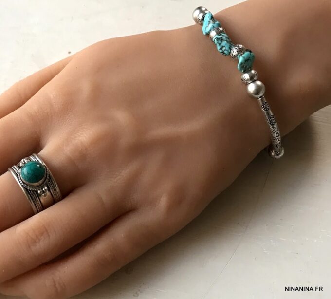 N5199b Bracelet turquoise veritable homme et femme métal argent- Bijoux Bracelets en ligne Ninanina