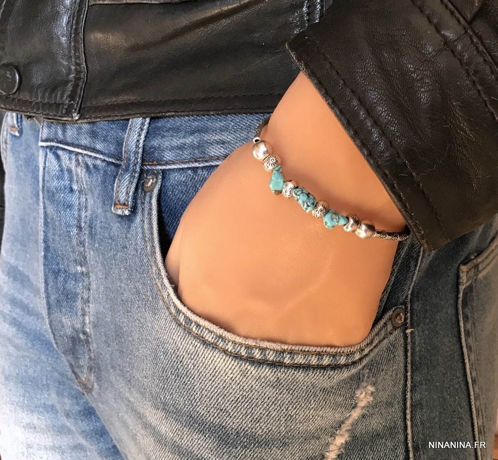 Bracelet cheville bleu turquoise naturelle argent femme - Ninanina