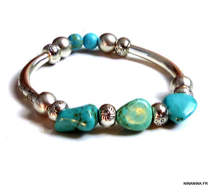 N5199c Bracelet turquoises véritables métal argenté