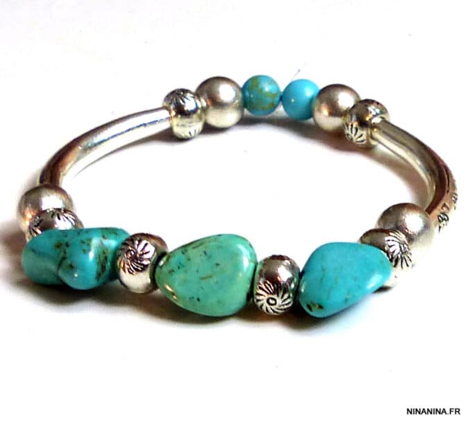 N5199f Bracelet turquoises véritables métal argenté