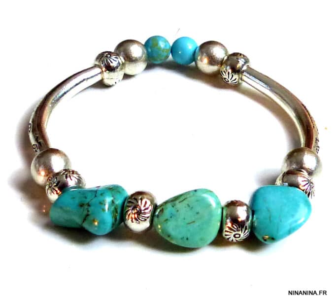 N5199k Bracelet turquoises véritables métal argenté