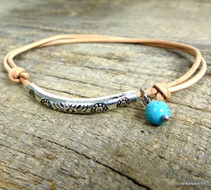 N5210b Bracelet demi lune cordon cuir turquoise
