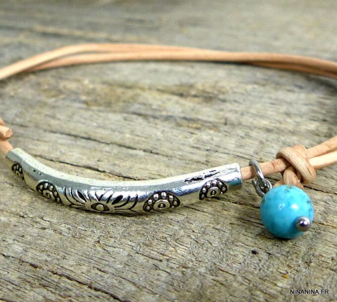 N5210c Bracelet demi lune cordon cuir turquoise