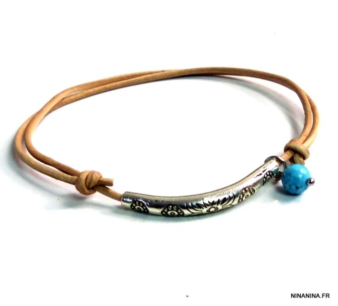 N5210d Bracelet demi lune cordon cuir turquoise