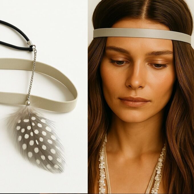 N5212a Bandeau de tete cuir femme plumes blanches et noires fait main en france - Accessoires de coiffure boheme chic en ligne Ninanina