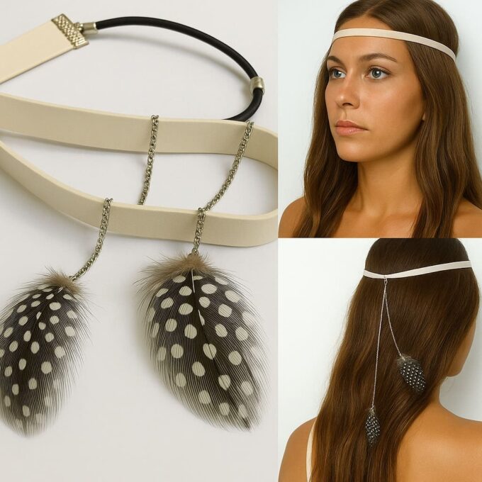 N5212b Bandeau de tete cuir femme plumes blanches et noires fait main en france - Accessoires de coiffure boheme chic en ligne Ninanina